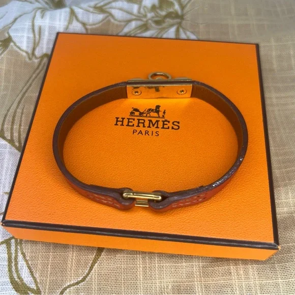 Authentic Hermes Rivale Leather Orange with Gold Hardware Mini Bracelet T1 - Picture 7 of 8